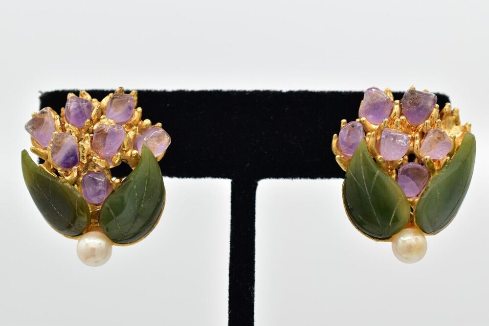 Swoboda Vintage Clip On Earrings Pearl Amethyst Jade Semi-Precious Signed 60s 9L